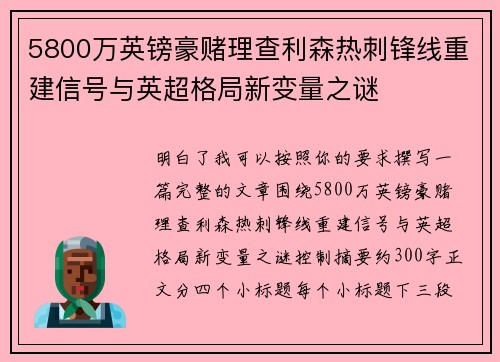 5800万英镑豪赌理查利森热刺锋线重建信号与英超格局新变量之谜 5800万英镑豪赌理查利森热刺锋线重建信号与英超格局新变量之谜