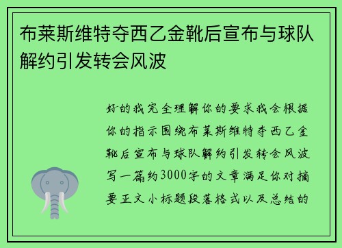 布莱斯维特夺西乙金靴后宣布与球队解约引发转会风波